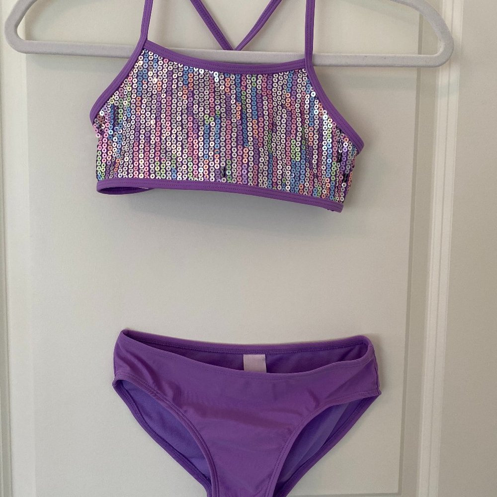 More Than Magic Girls Purple Sequin Swimsuit Size M